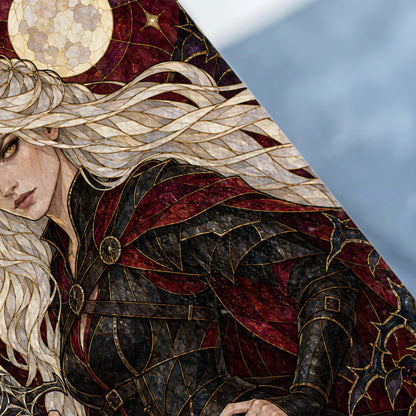 Stained glass artwork of a woman with blonde hair and a red and black outfit, under a moon.