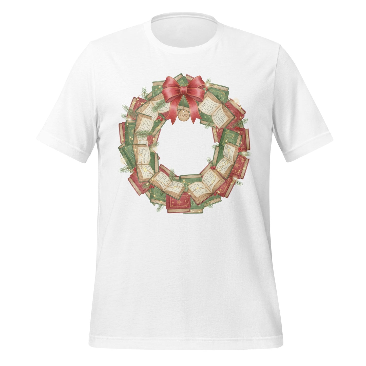 Christmas Book Wreath White Graphic T-Shirt