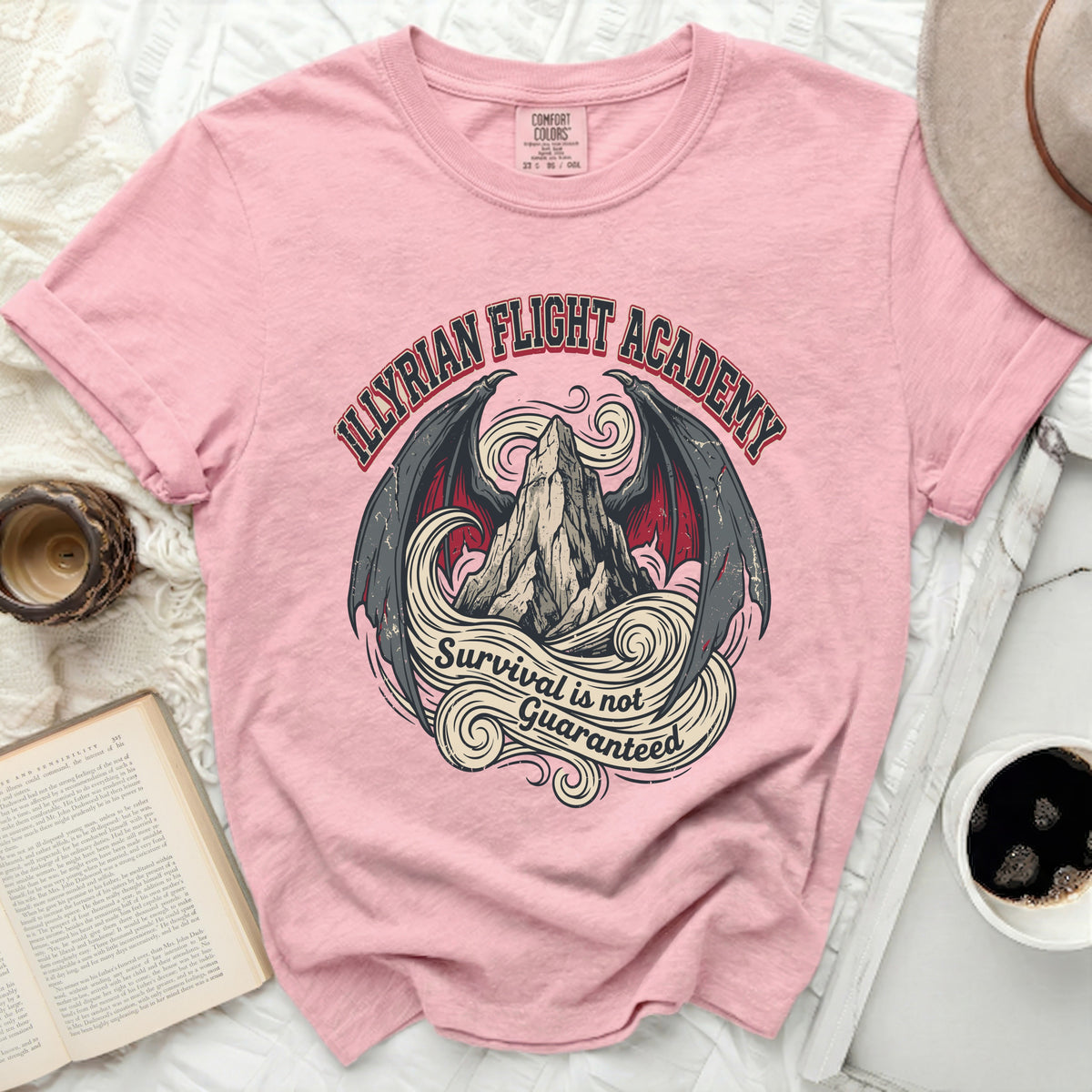 Pink t-shirt with "Illyrian Flight Academy" and dragon wings design.