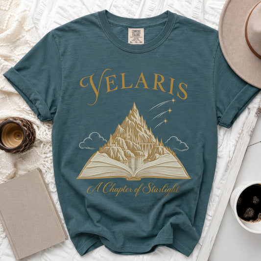 Teal t-shirt with "Velaris A Chapter of Starlight" and castle illustration.
