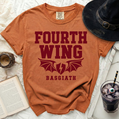 Orange t-shirt with "Fourth Wing Basgiath" and dragon wings graphic.
