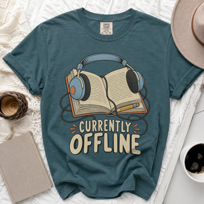 Teal t-shirt with "Currently Offline" text, headphones, and open book graphic.