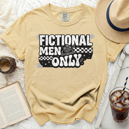 Yellow t-shirt with "FICTIONAL MEN ONLY" text and book graphic