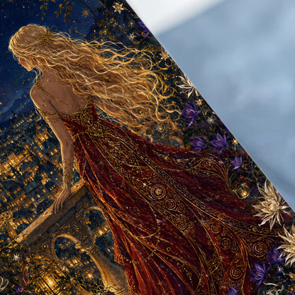 Woman with long blonde hair in red and gold dress looking over a city at night.