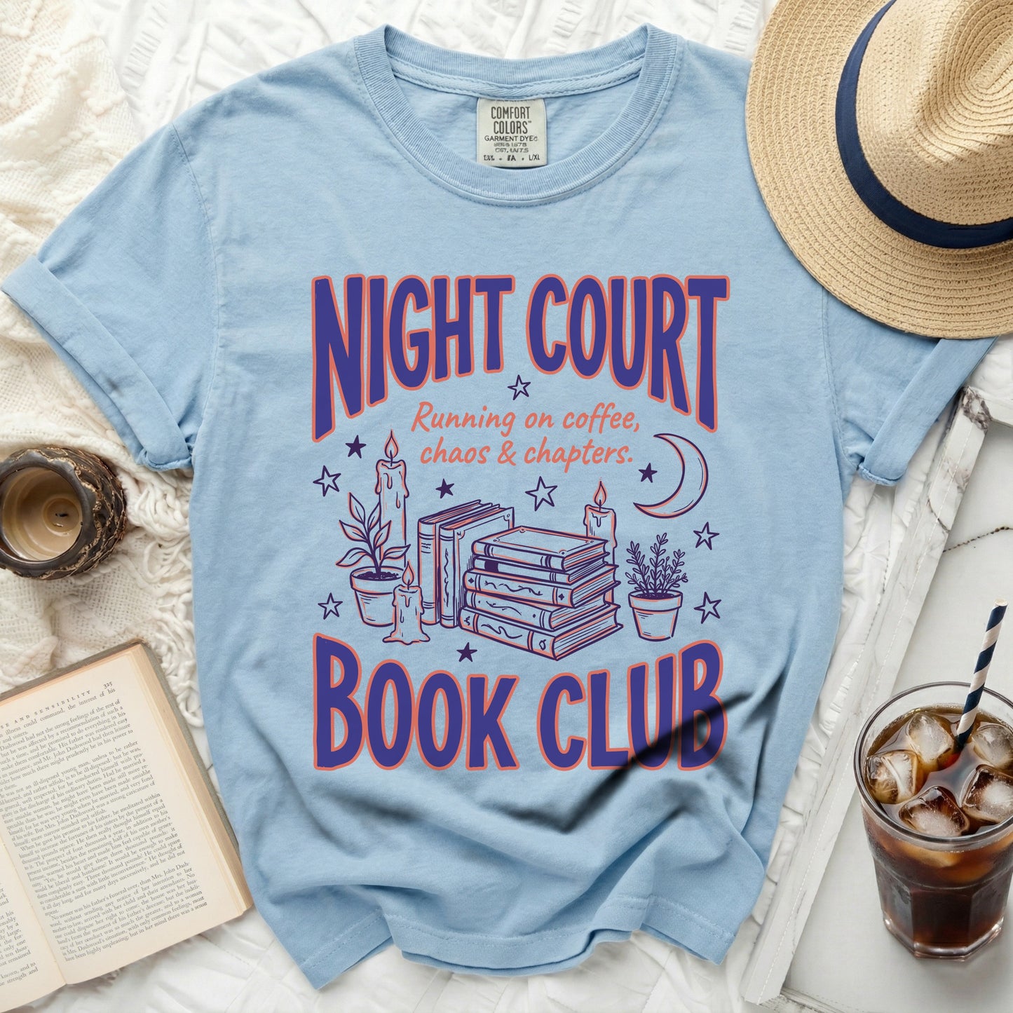 Light blue t-shirt with "Night Court Book Club" text and book illustration.