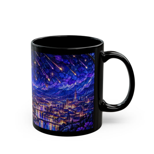 Black ceramic mug printed with a vibrant blue night scene featuring shooting stars over a city.