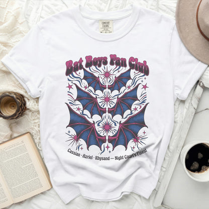 White t-shirt with "Bat Boys Fan Club" and bat wing graphic.