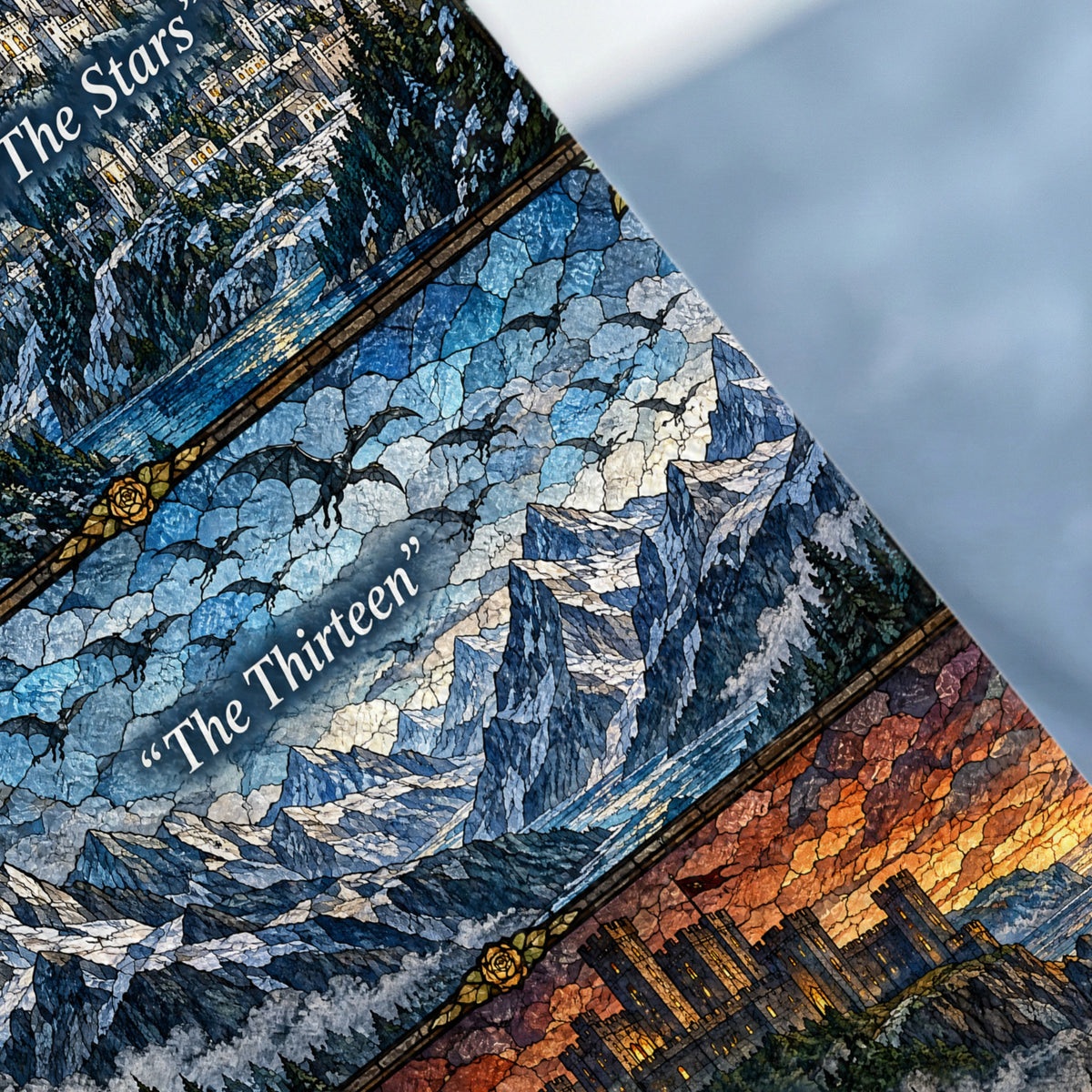A tilted stained glass panel depicts three fantasy scenes, including mountains with flying dragons.