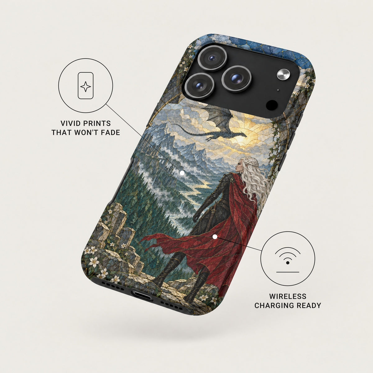 An iPhone case featuring a fantasy art print of a woman in a red cloak overlooking a mountain landscape with a dragon flying above, alongside callouts for vivid prints and wireless charging.