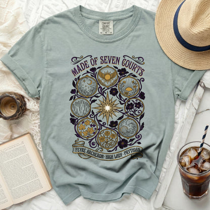 Green t-shirt with "Made of Seven Courts" and Feyre Archeron High Lady Prythian text.