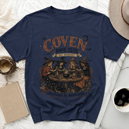 Dark blue t-shirt with "Coven Book Club Est. Midnight, Meetings by Moonlight" and witches reading.