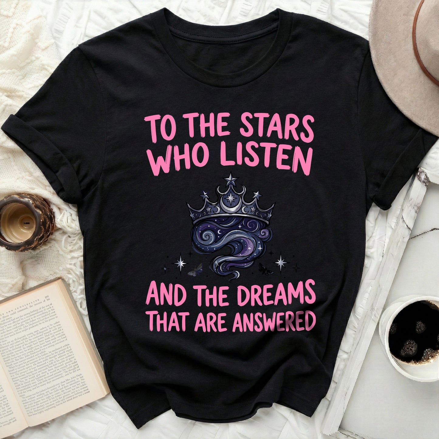 To The Stars Who Listen And Dreams Are Answered product type
Stars
Dreams
Celestial
Crown
Galaxy
Listen
Answered
Quote Shirt
Graphic Tee
Mystic
Spiritual
Universe
Fantasy
Magic
Inspirational
Aesthetic Top
Pink Text
Dark Design
Cosmic
Witchy