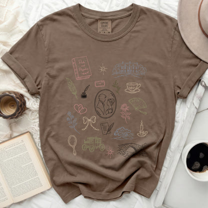 Brown t-shirt with a pattern of "Pride and Prejudice" illustrations.