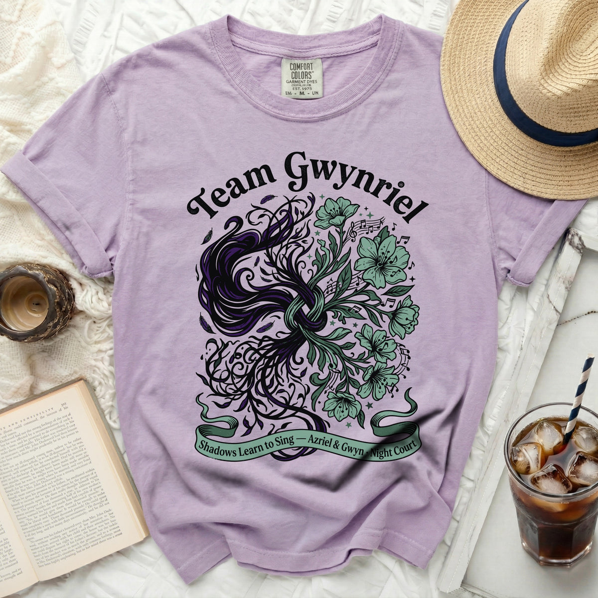 Purple t-shirt with "Team Gwynriel" and floral art.