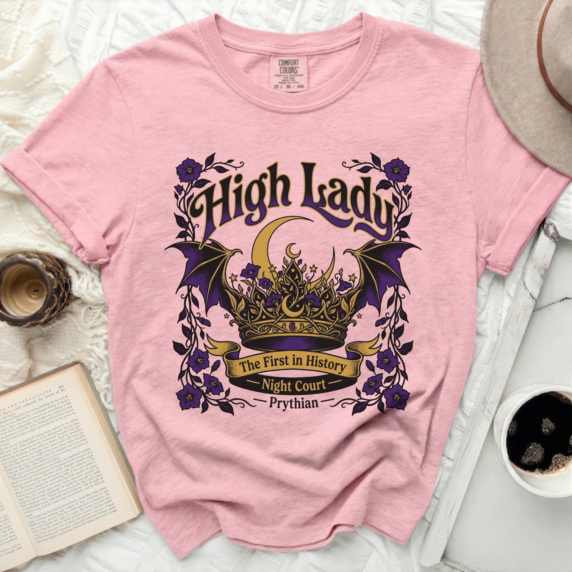 Pink t-shirt with "High Lady The First in History Prythian" text and crown design.