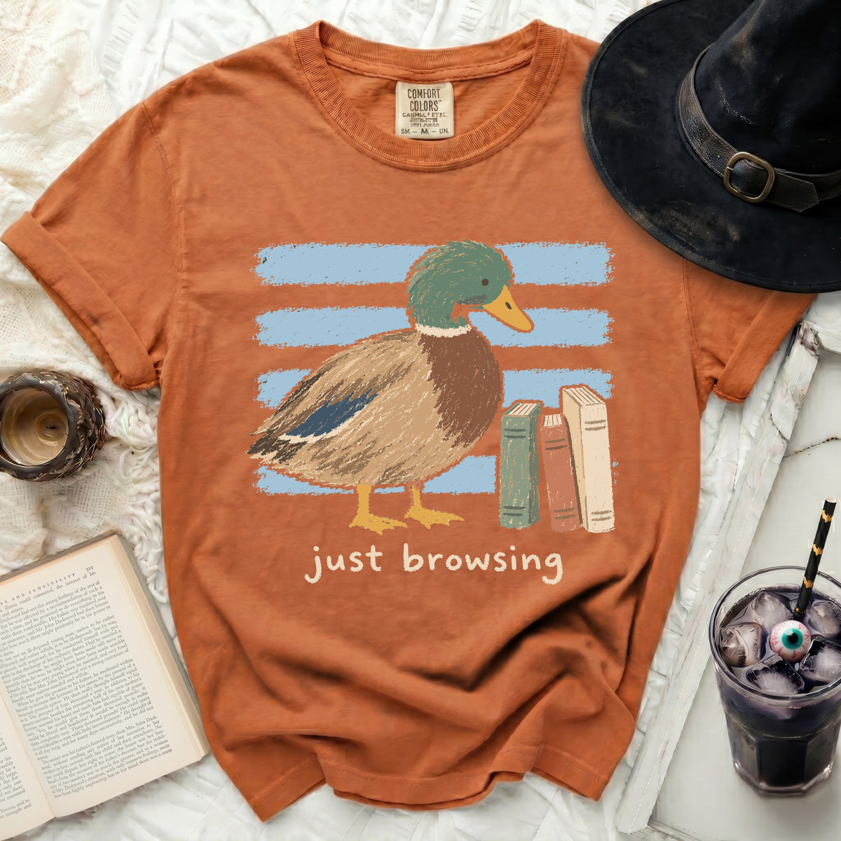 Orange t-shirt with a mallard duck graphic and "just browsing" text.