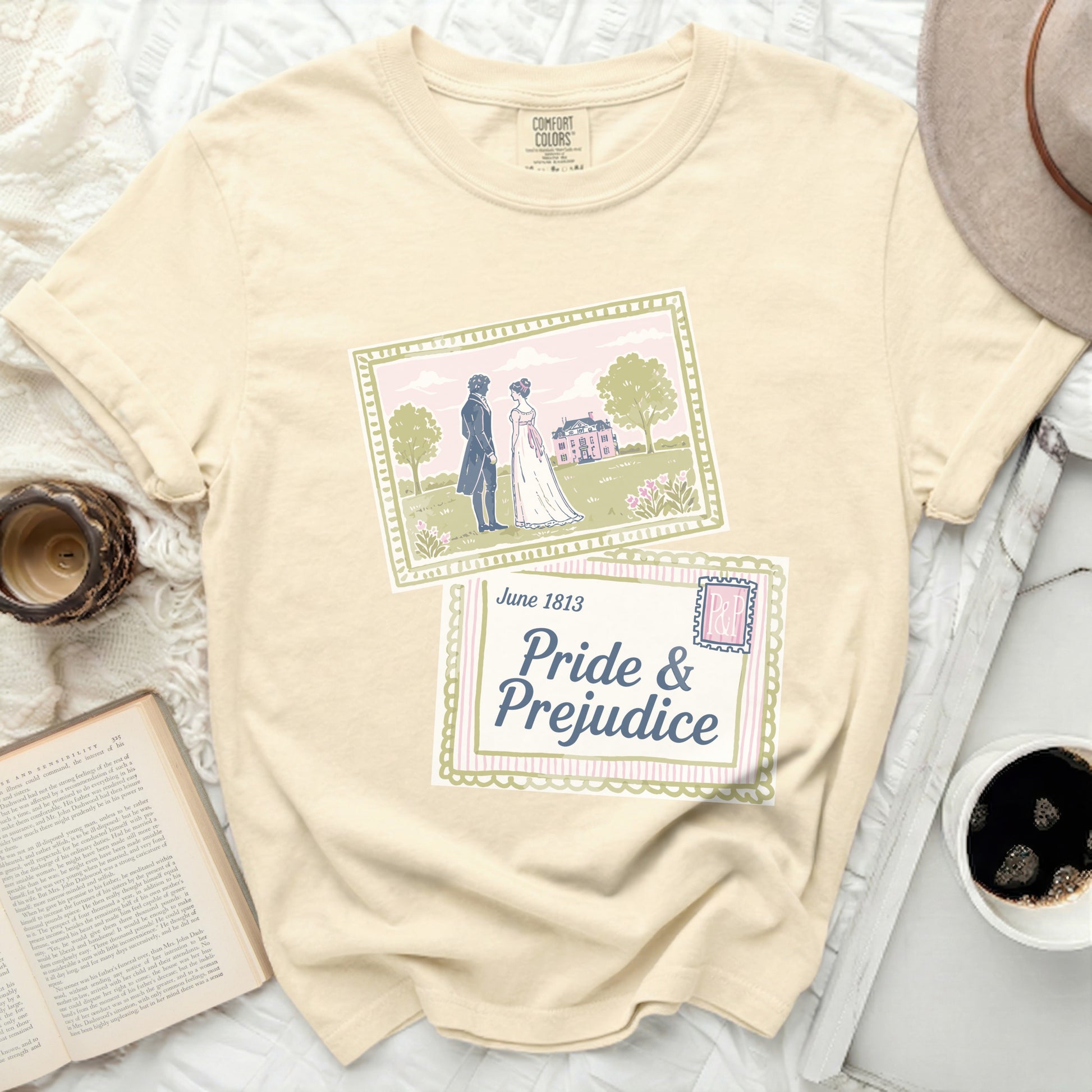 Comfort Colors shirt with Pride & Prejudice and Regency couple illustration.