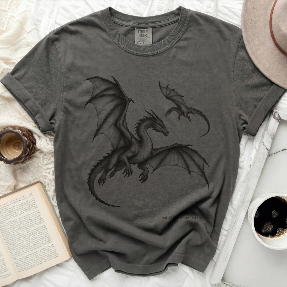 Dark grey t-shirt with two black dragons and text "YOU WANNA DRAGON? EARN ONE."