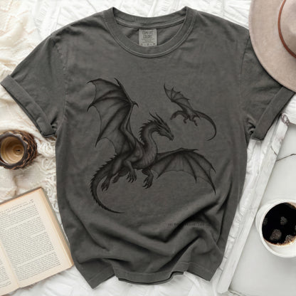 Dark grey t-shirt with two black dragons and text "YOU WANNA DRAGON? EARN ONE."