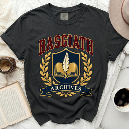 Dark grey t-shirt with "BASGIATH ARCHIVES" text and crest design.