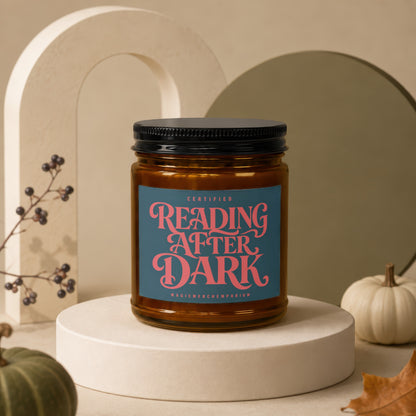 Candle with label "Certified Reading After Dark" from Magic Merch Emporium.