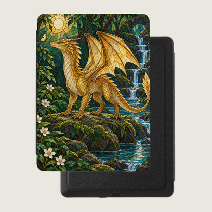 Golden dragon stained glass design on a black e-reader case with waterfalls and flowers.