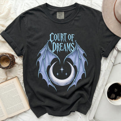 Black t-shirt with "COURT OF DREAMS" text, moon, and wings graphic.