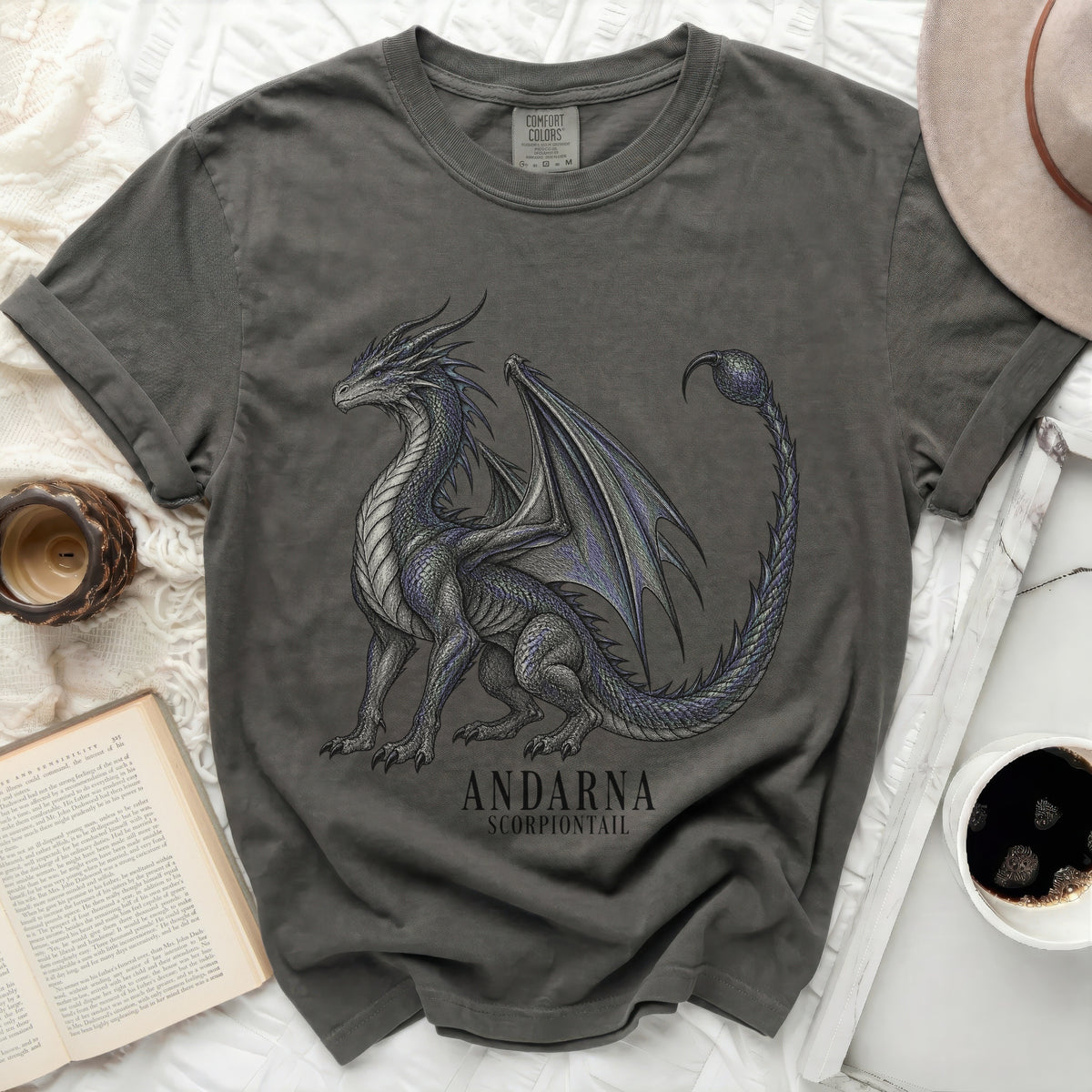 Grey t-shirt with a detailed dragon illustration and text "ANDARNA SCORPIONTAIL".