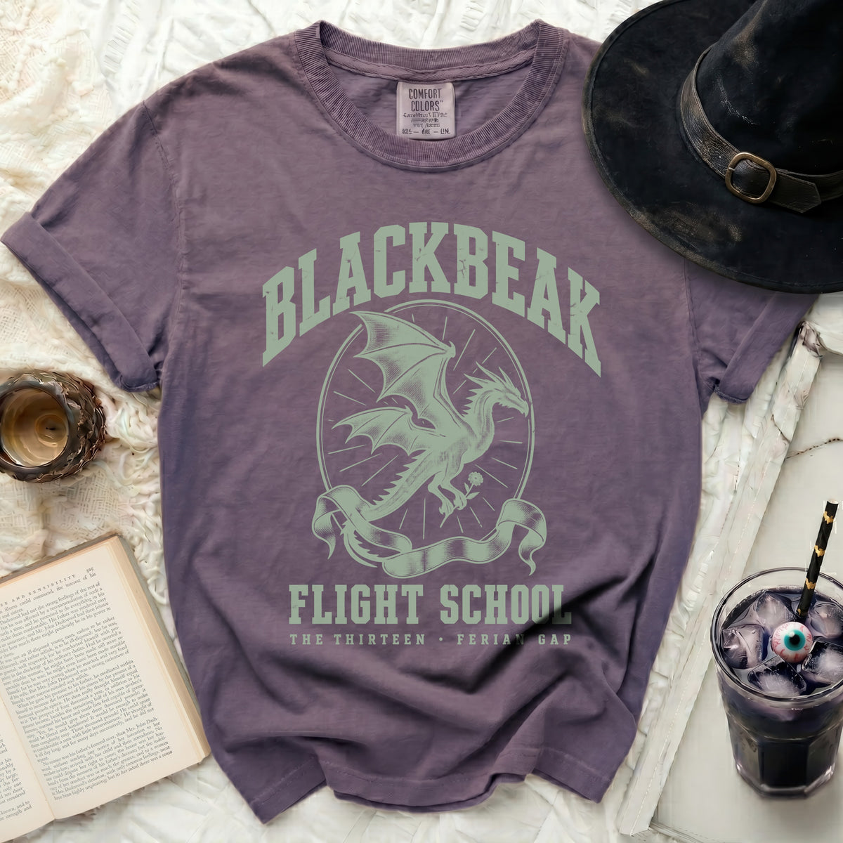 Vintage plum t-shirt with a distressed green dragon graphic reading Blackbeak Flight School, accompanied by accessories.