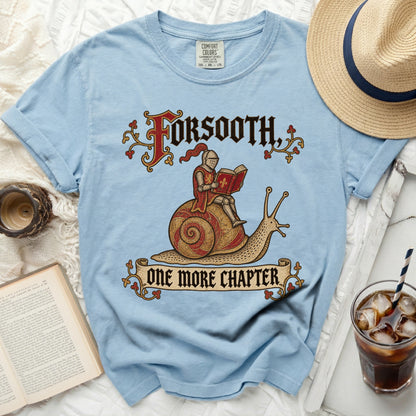 Light blue t-shirt with knight on snail graphic and text "Forsooth, one more chapter."