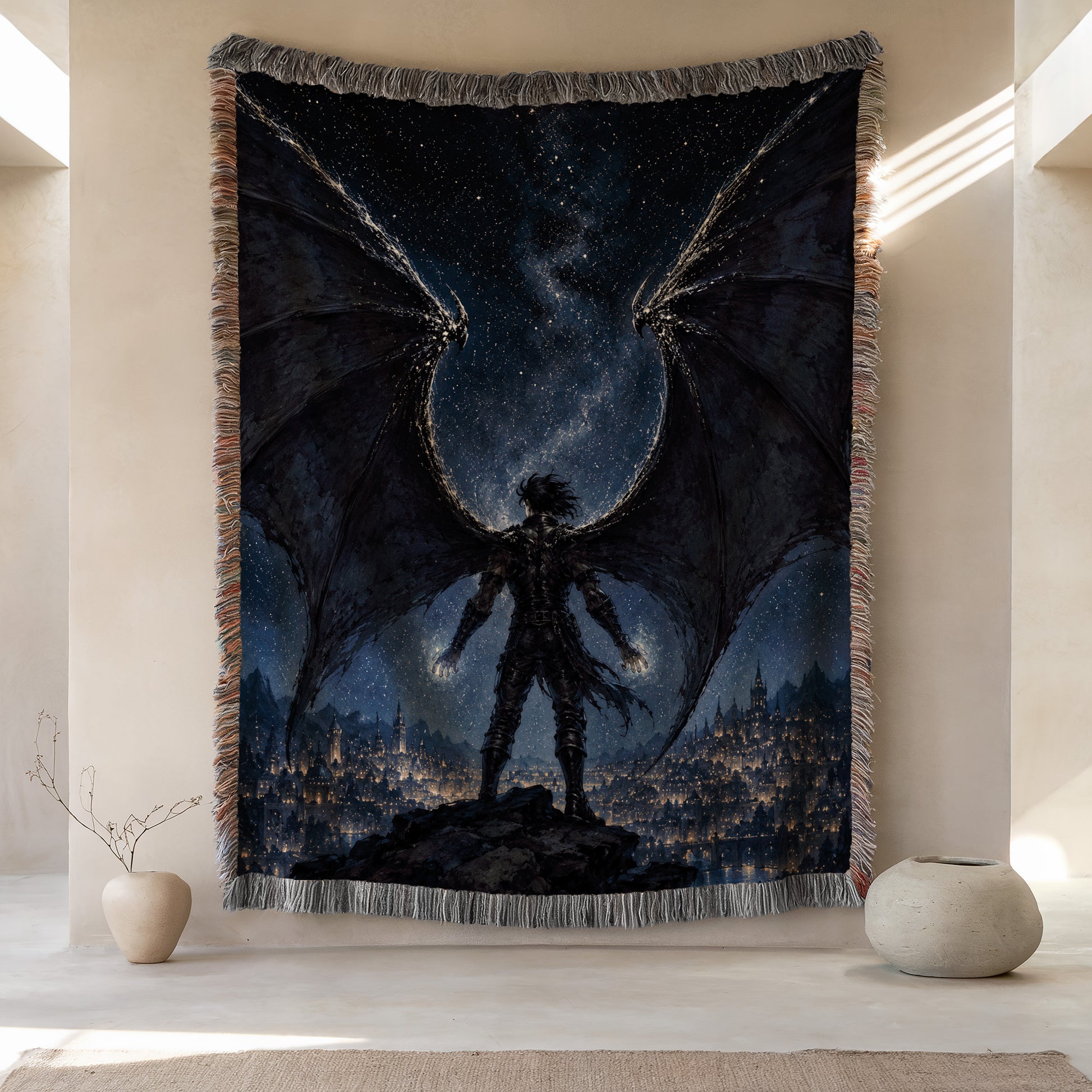a large tapestry hanging on a wall, depicting a winged figure standing in a cityscape at night.
