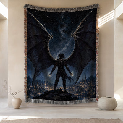 a large tapestry hanging on a wall, depicting a winged figure standing in a cityscape at night.