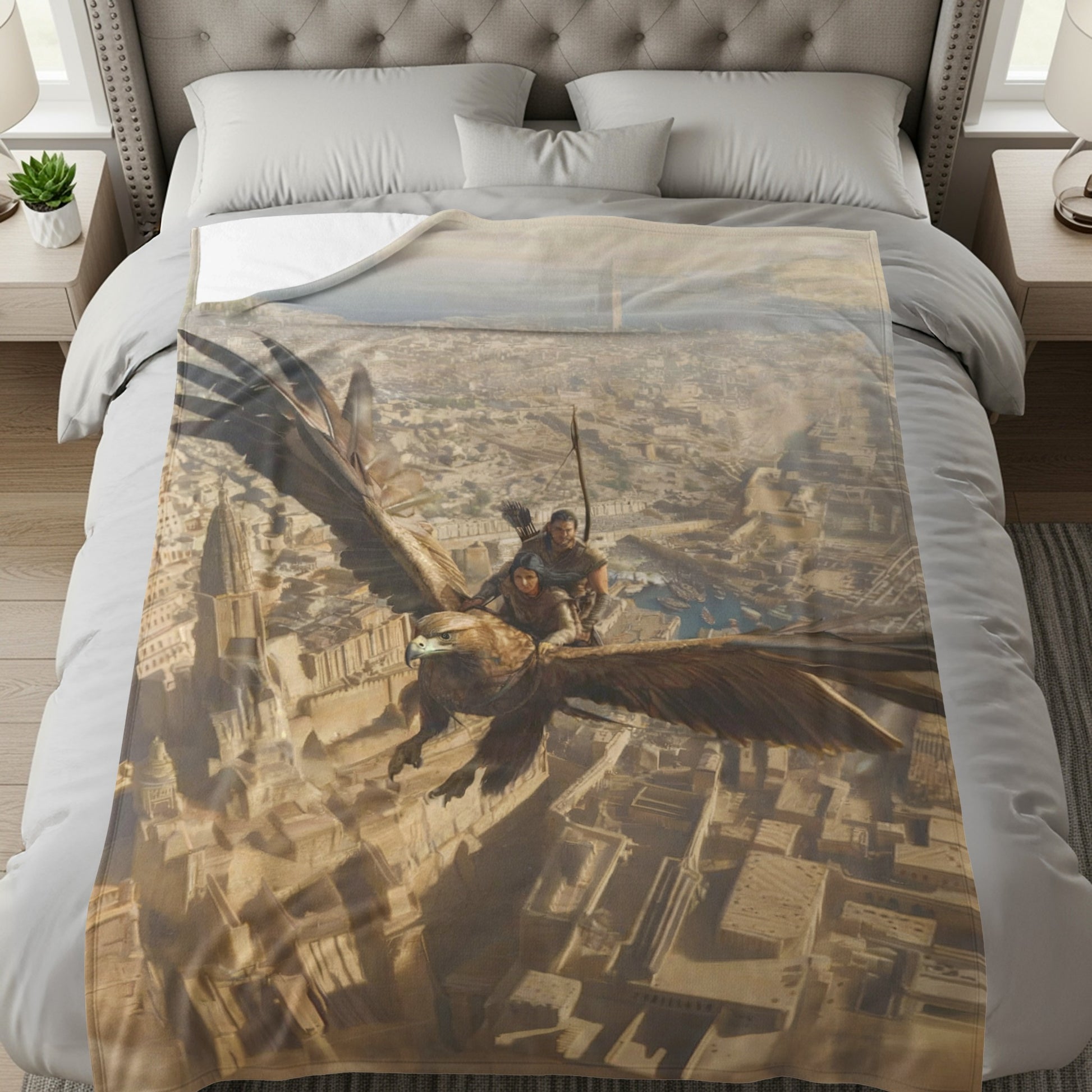Epic Fantasy City Eagle Flight Blanket Product