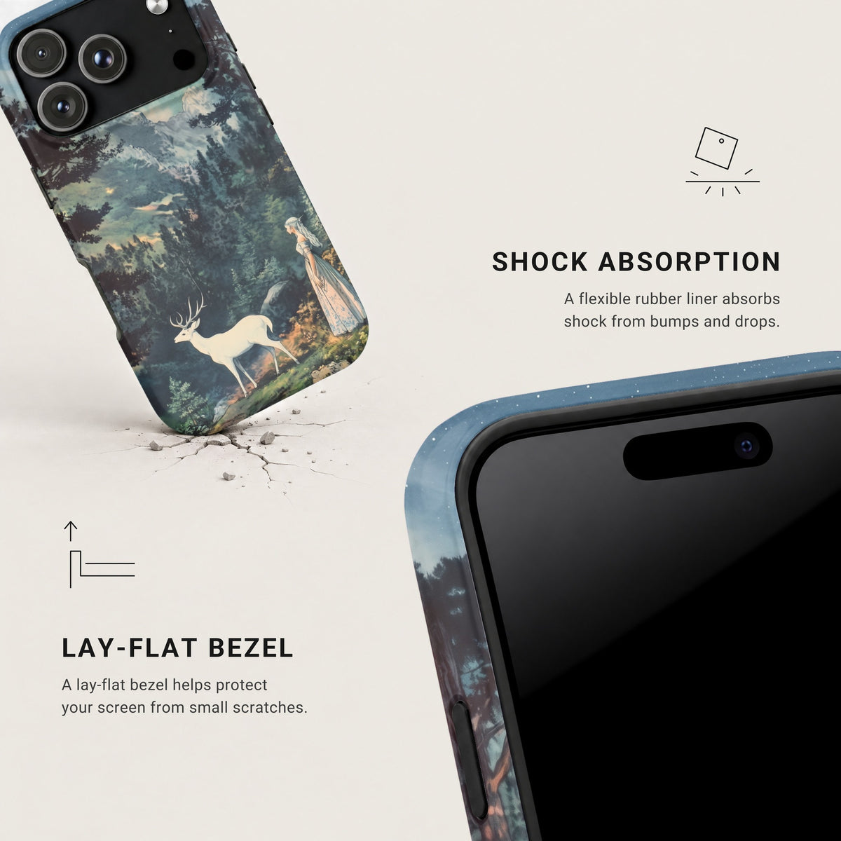 A phone case featuring a fantasy landscape with a woman and a white deer, highlighting shock absorption and a lay-flat bezel.