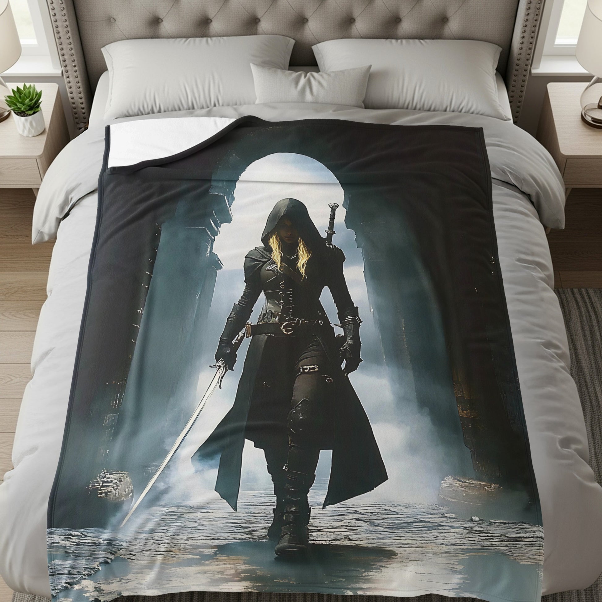 Mysterious Hooded Figure with Sword Throw Blanket