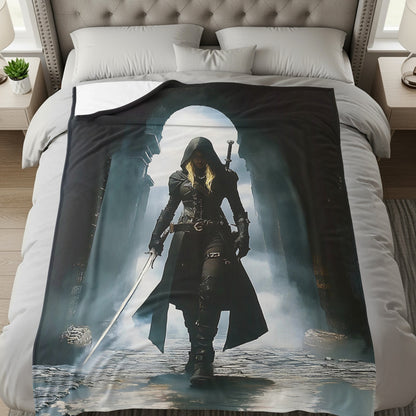 Mysterious Hooded Figure with Sword Throw Blanket
