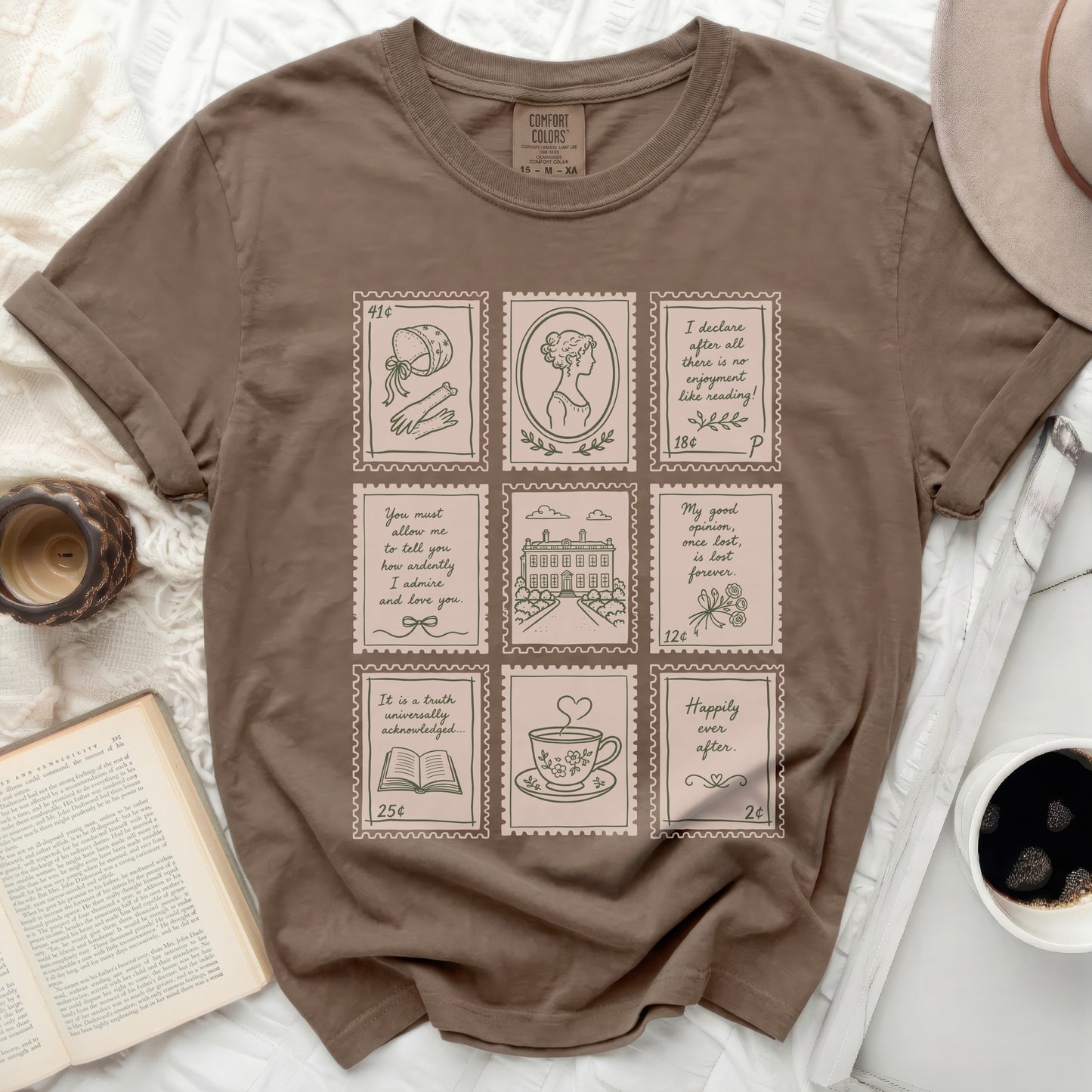 Brown t-shirt with nine illustrations resembling postage stamps.