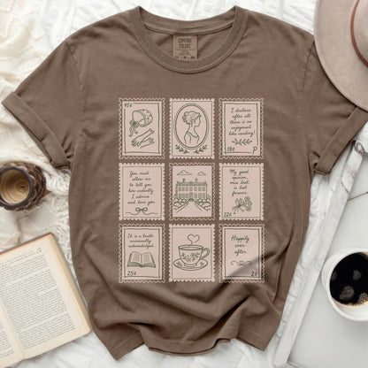 Brown t-shirt with nine illustrations resembling postage stamps.