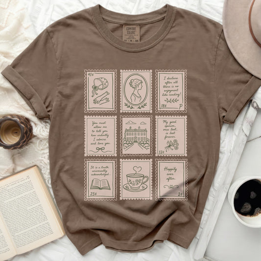 Brown t-shirt with nine illustrations resembling postage stamps.
