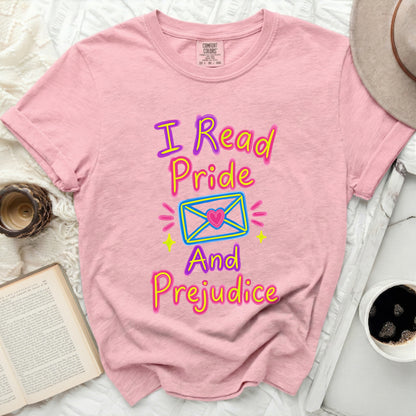 Pink Comfort Colors t-shirt with "I Read Pride And Prejudice" text