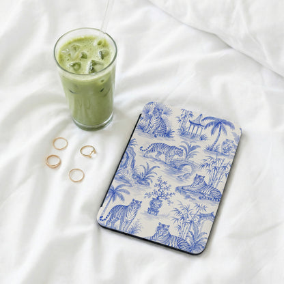 Mousepad with blue and white tiger and pagoda toile pattern.