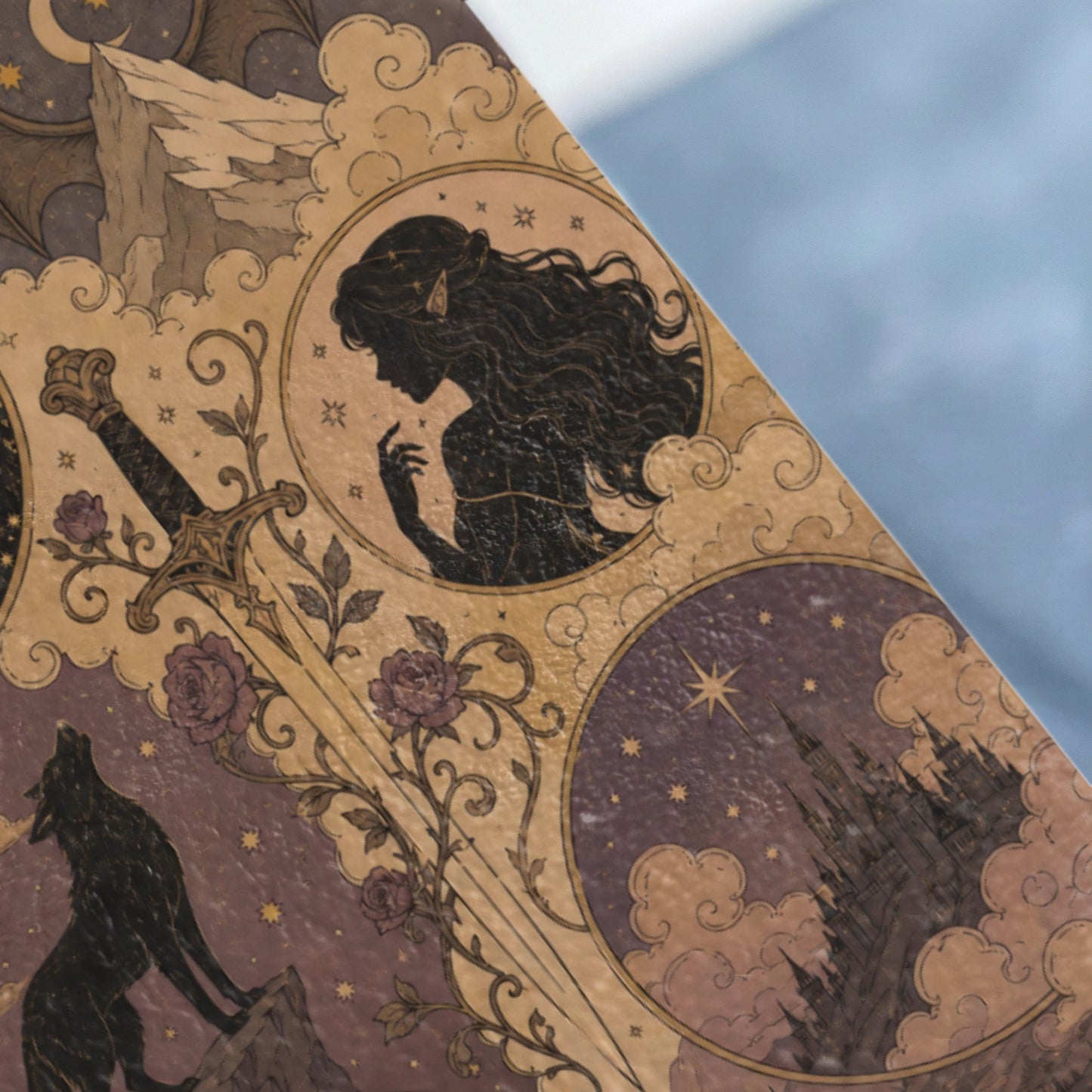 Art nouveau illustration featuring a sword, wolf, castle, and elven silhouette.