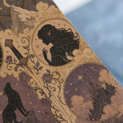 Art nouveau illustration featuring a sword, wolf, castle, and elven silhouette.