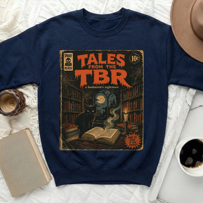 Navy sweatshirt with "Tales from the TBR" graphic featuring a black cat and spooky library.