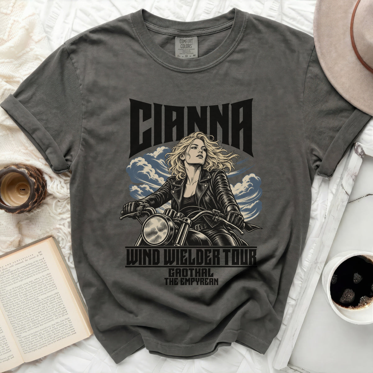 Dark grey t-shirt with "CIANNA WIND WIELDER TOUR GAOTHAL THE EMPYREAN" graphic.