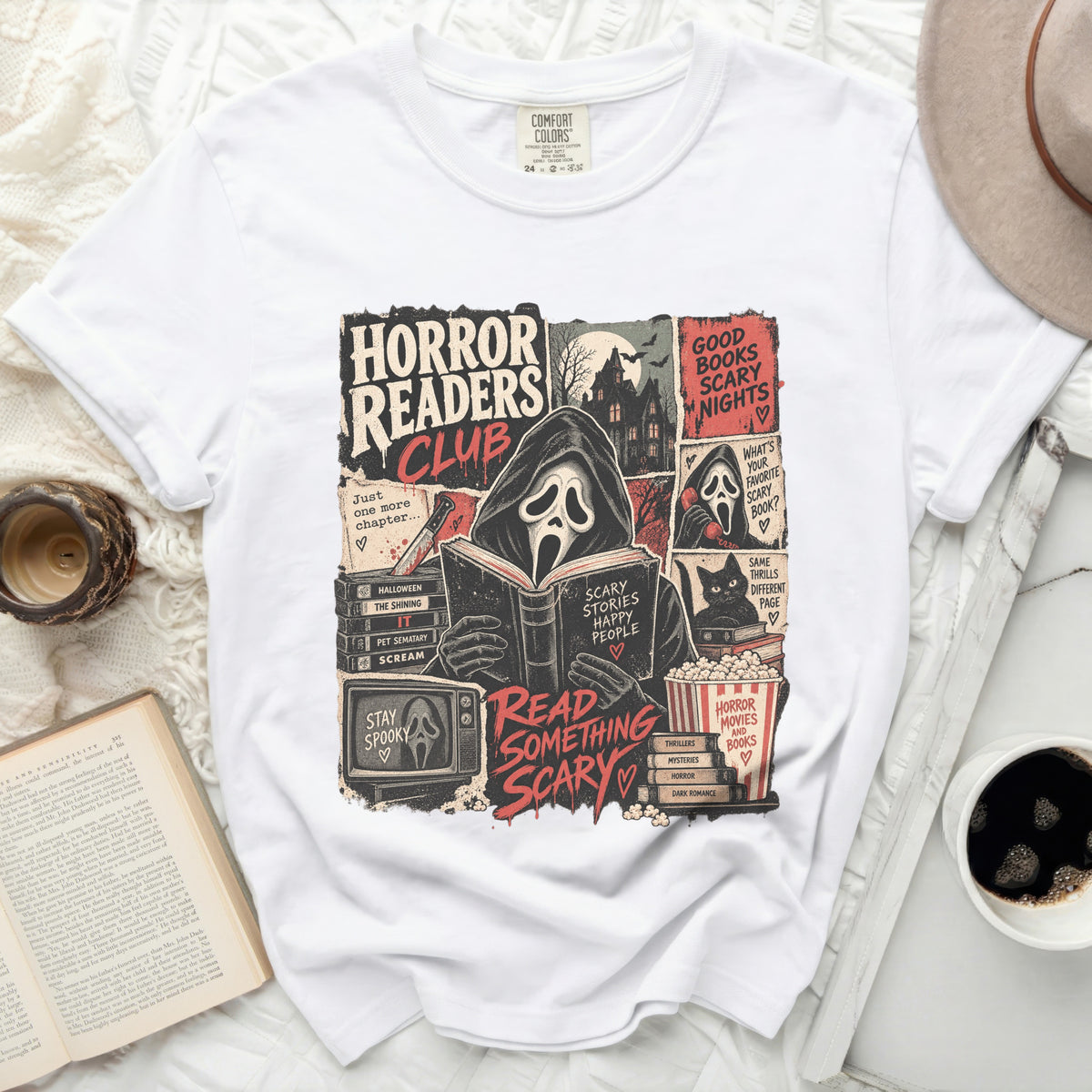 Horror Readers Club graphic with ghost mask reading book and spooky elements.