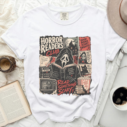 Horror Readers Club graphic with ghost mask reading book and spooky elements.