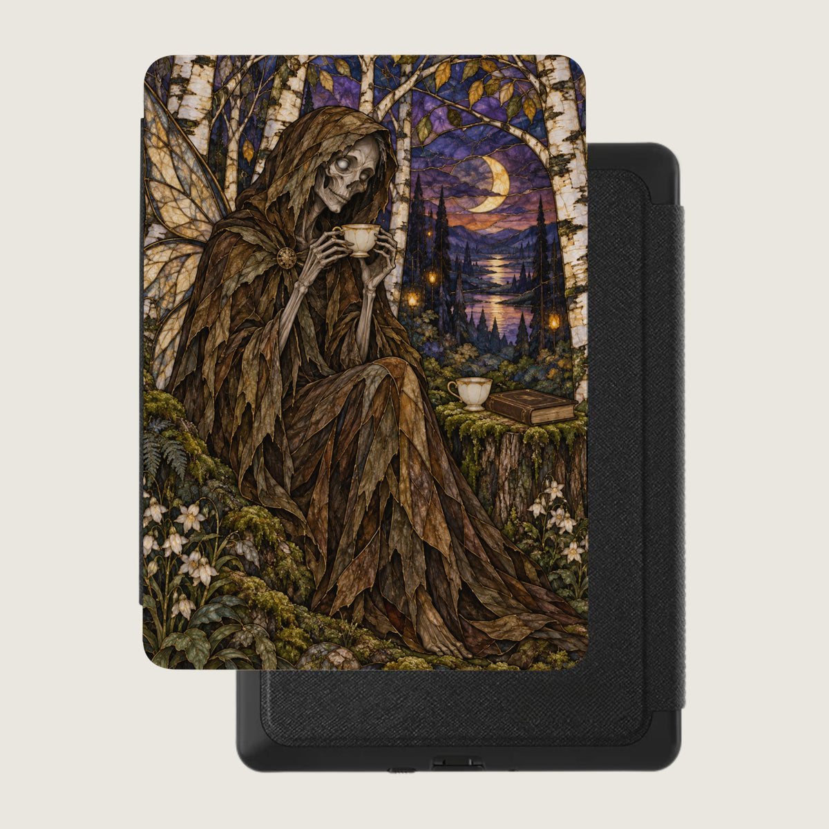 Skeleton in leaf cloak drinks tea by a moonlit forest lake, sitting near a book.
