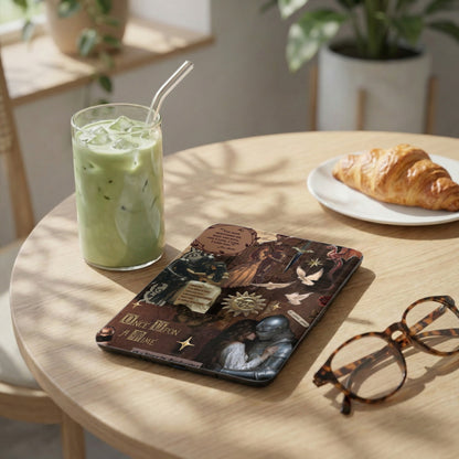 Tablet case with "Once Upon A Time" design featuring knights, doves, and text.