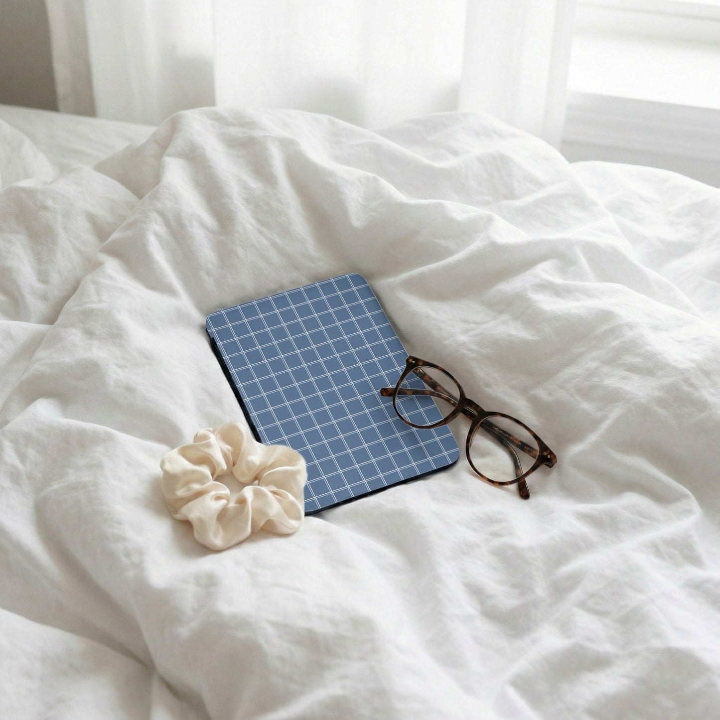 Blue Checkered Pattern Tablet Case with Accessories